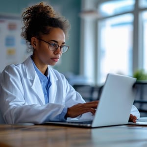 webinar person in labcoat with laptop